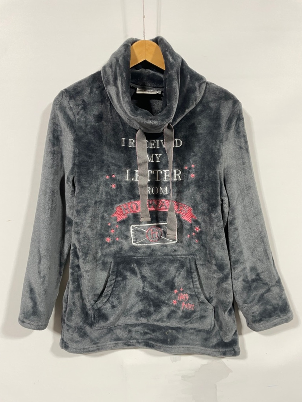 Harry Potter Plush Pullover Hoodie - Charcoal Gray with Pink Accents